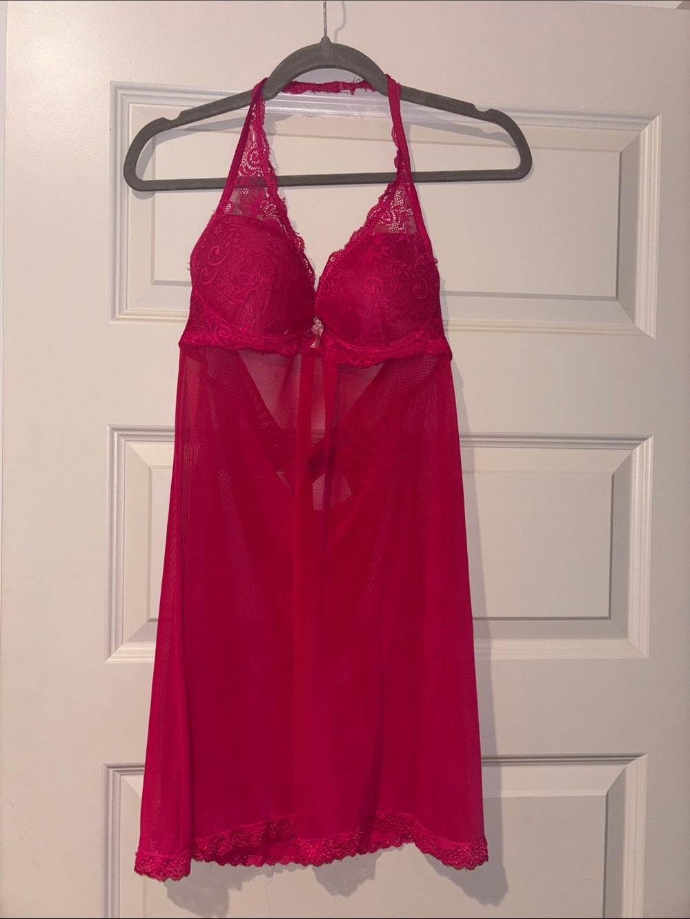 Marilyn Monroe Lace Halter Babydoll Chemise - Hot Pink